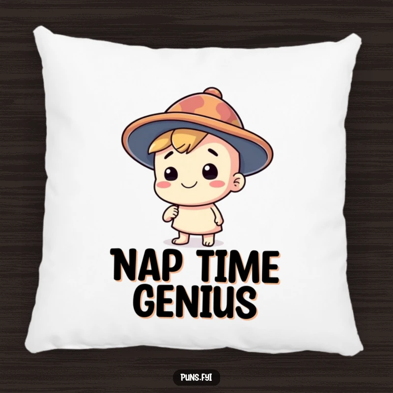 Funny pillow featuring a happy character with a silly, oversized thinking cap, providing comfort for big ideas and quirky dreams, a sweet funny gift.