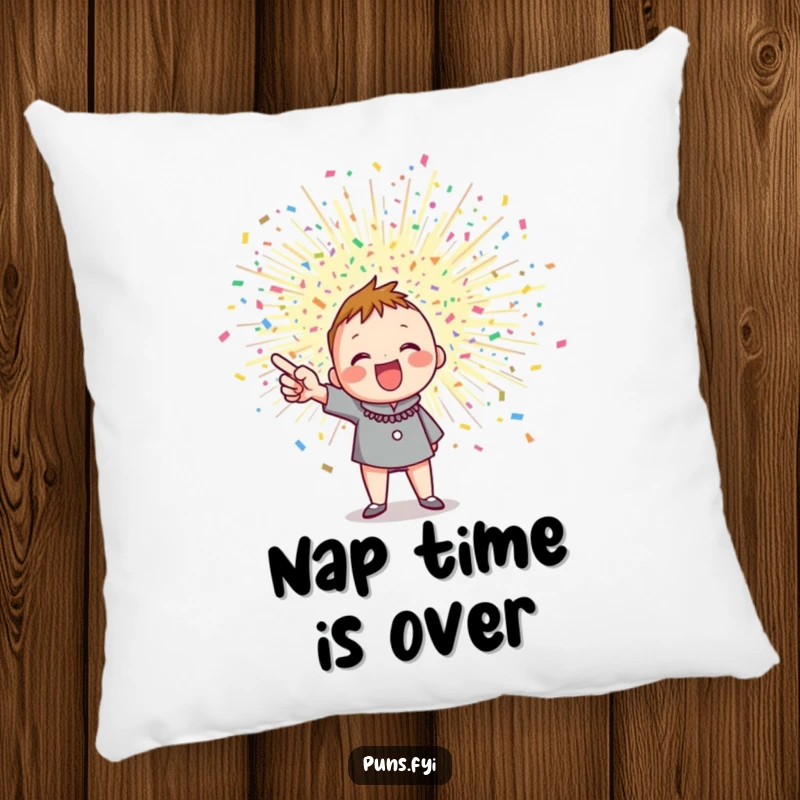Funny pillow with an enthusiastic character celebrating a colorful, exploding confetti burst, bringing festive cheer and humor.
