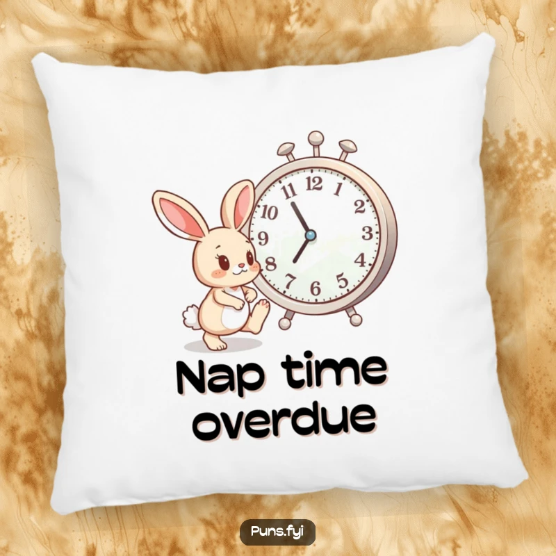 Funny pillow featuring an impatient bunny tapping its foot next to a giant clock, offering cozy humor and relatable waiting.