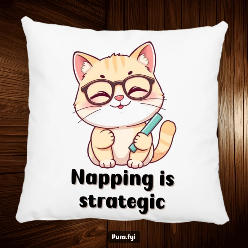 Funny cat pillow with a smiling cat wearing glasses, winking and holding chalk, offering soft, smart comfort.