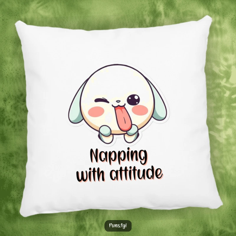 Funny pillow featuring a playful character sticking its tongue out and winking, perfect for adding a touch of cheeky comfort.