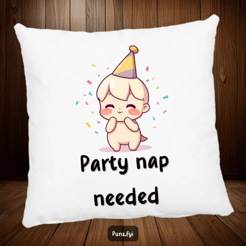 Funny pillow featuring a character in a party hat blowing confetti, adding cozy and celebratory humor to any room.