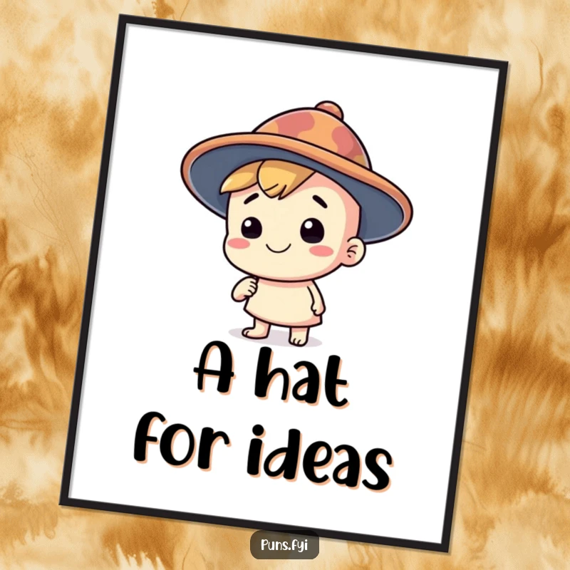 Funny digital art print of a happy character wearing a silly, oversized thinking cap, celebrating creativity and quirky thought, a perfect funny gift.