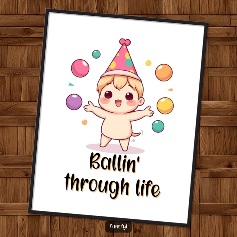 Funny Digital Art Print of a cute character in a party hat, joyfully juggling colorful balls, creating a festive and energetic atmosphere.
