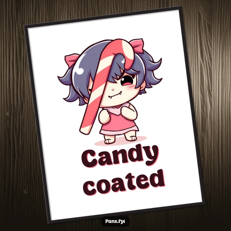 Funny Digital Art Print of a mischievous character holding a striped candy cane, perfect for adding holiday humor to any space.