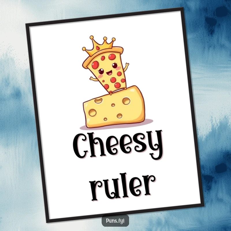 Funny digital art print of a crowned pizza slice balancing on a cheese block, representing royal humor and deliciousness.