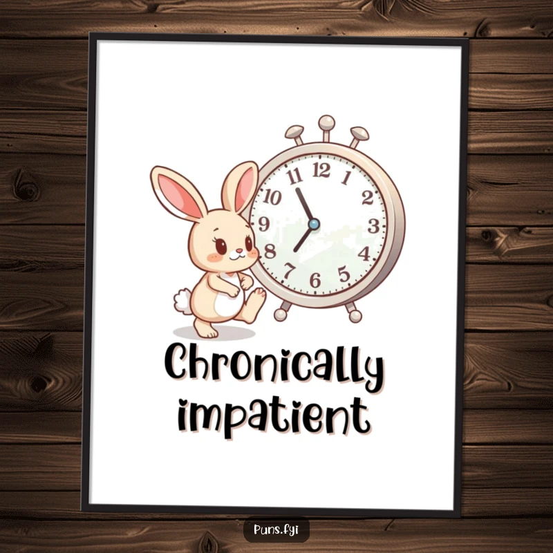 Funny digital art print of a curious bunny tapping its foot impatiently next to a giant clock, conveying humorous urgency instantly.