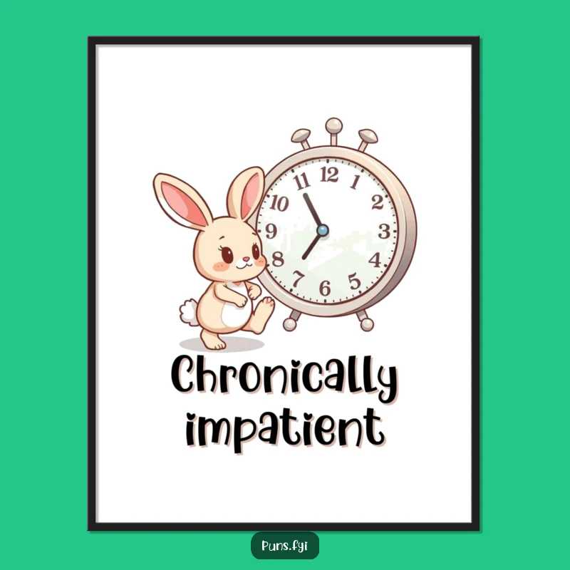 Funny Bunny Clock Digital Art: Whimsical Cartoon Print, Perfect Funny Gift