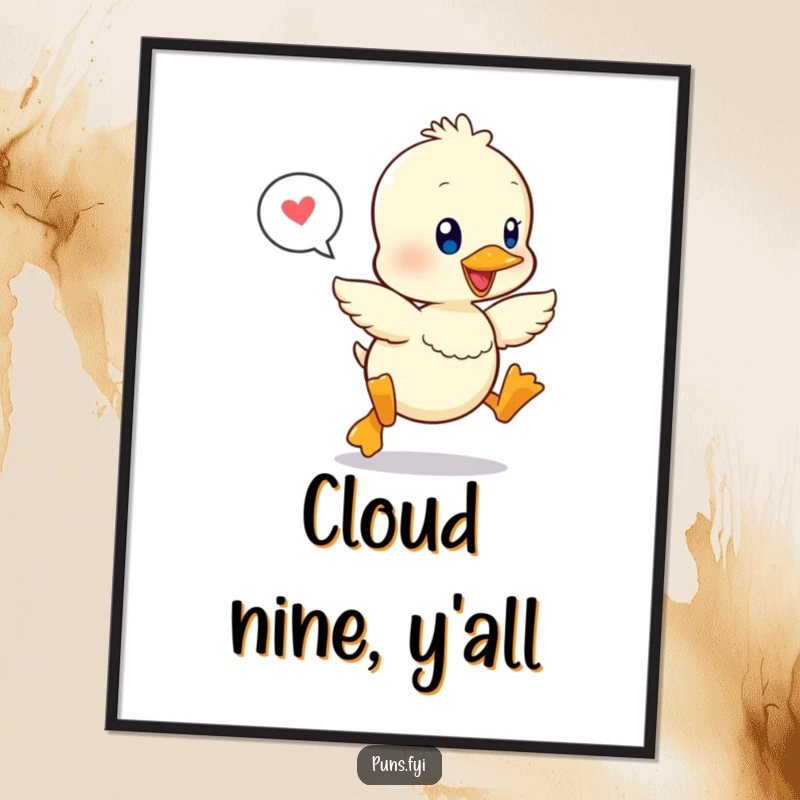 Funny digital art print of a kawaii duckling leaping joyfully with a speech bubble, perfect for cheerful wall decor.