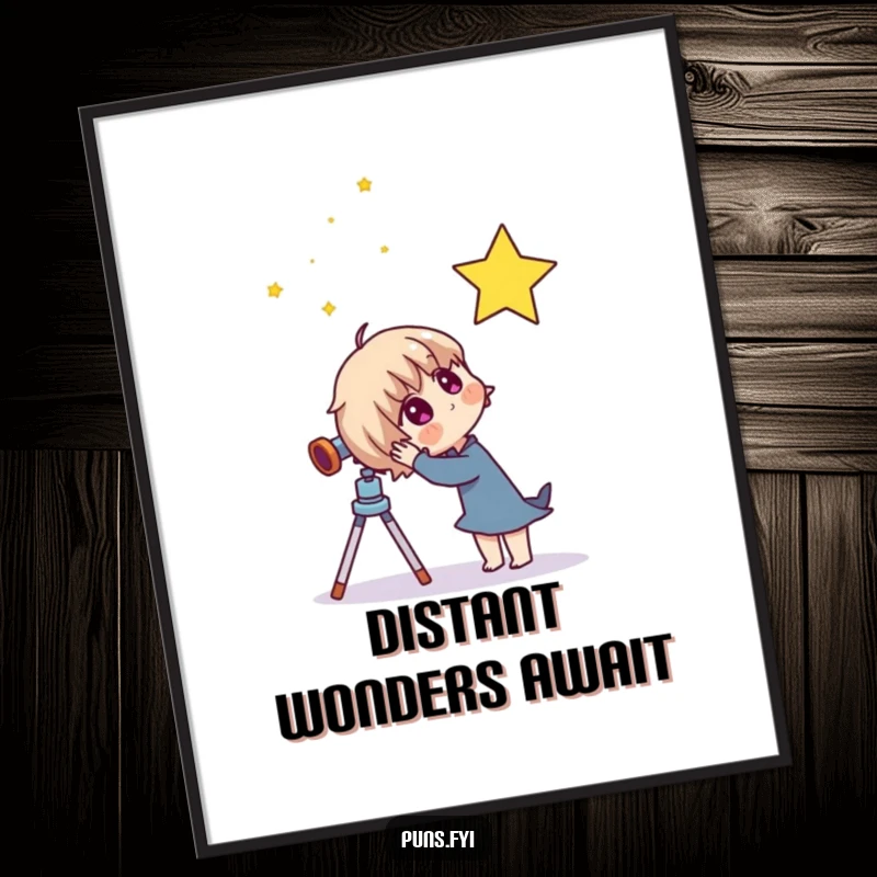 Funny digital art print of a curious character using a telescope to view a twinkling star, perfect for inspiring awe and wonder.
