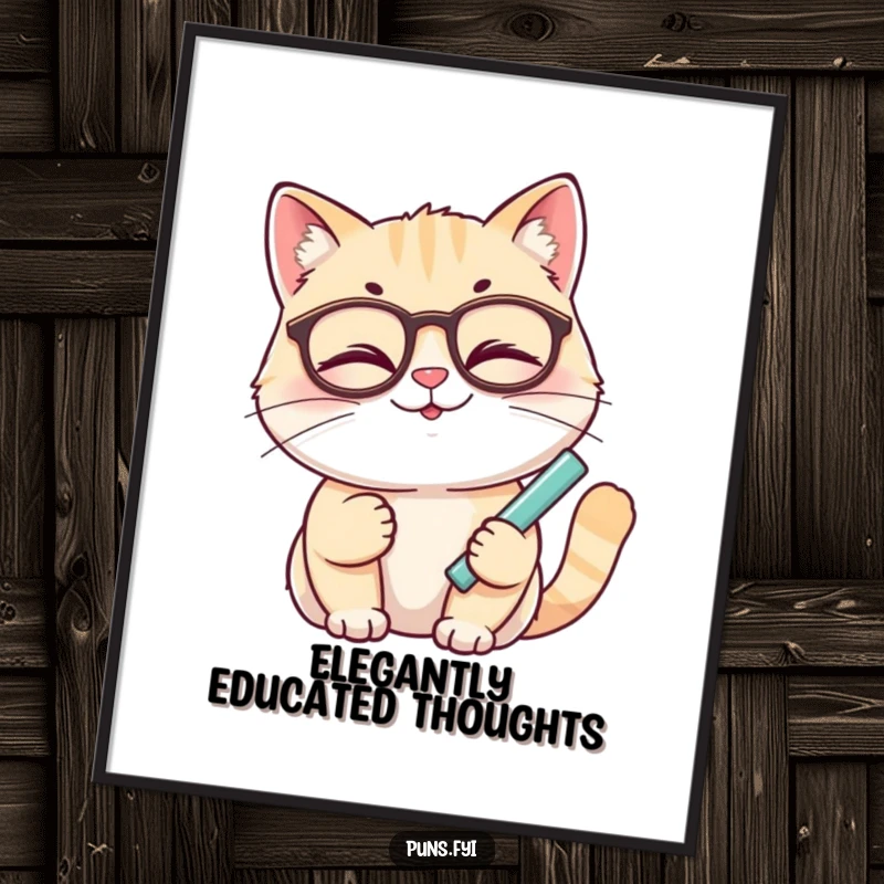 Funny cat digital art print of a smiling cat with glasses winking while holding chalk, ready for instant download.