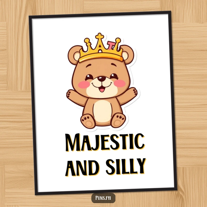 Funny goofy bear cub wearing a majestic crown made entirely of colorful alphabet letters, looking adorable on this downloadable art print.