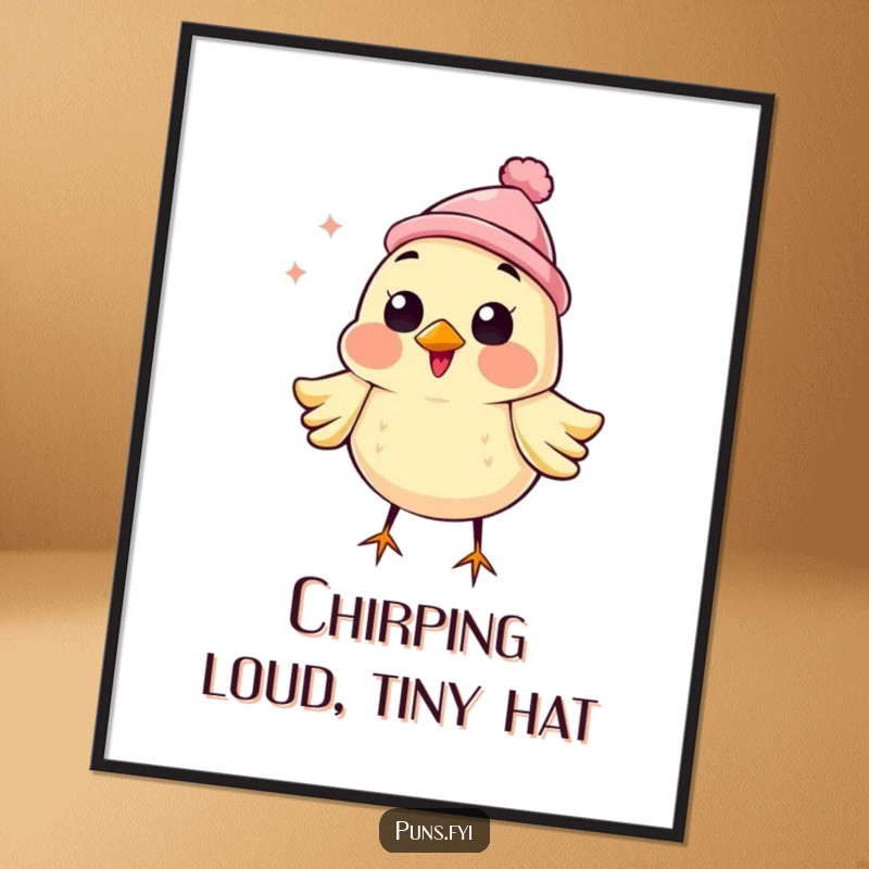 Funny digital art print of a happy bird wearing a tiny hat, chirping loudly with infectious joy and vibrant energy.