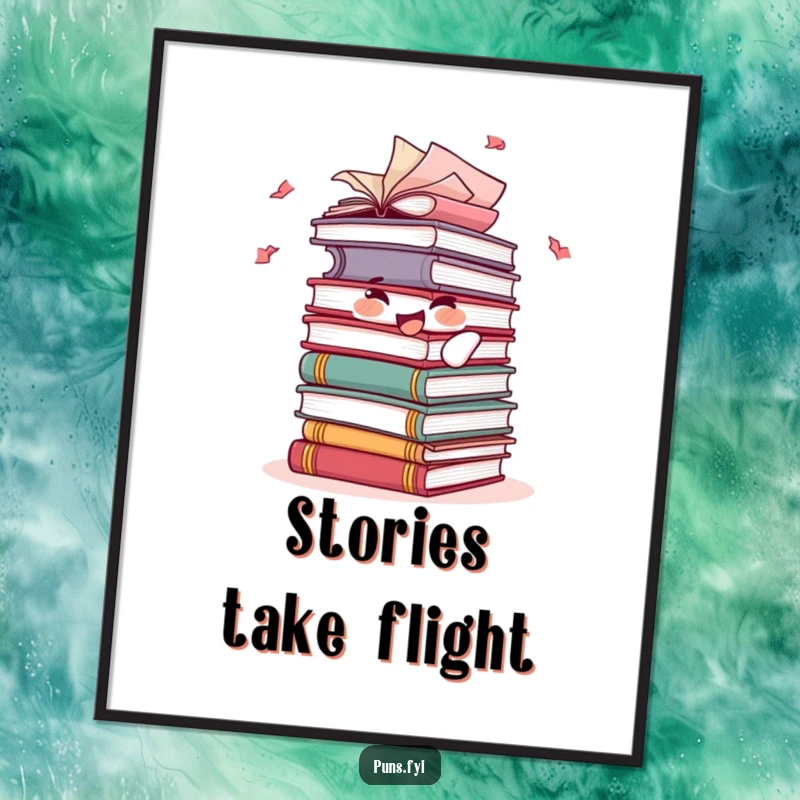 Funny digital art print capturing a joyful stack of books character with pages fluttering playfully, celebrating the magic of reading.