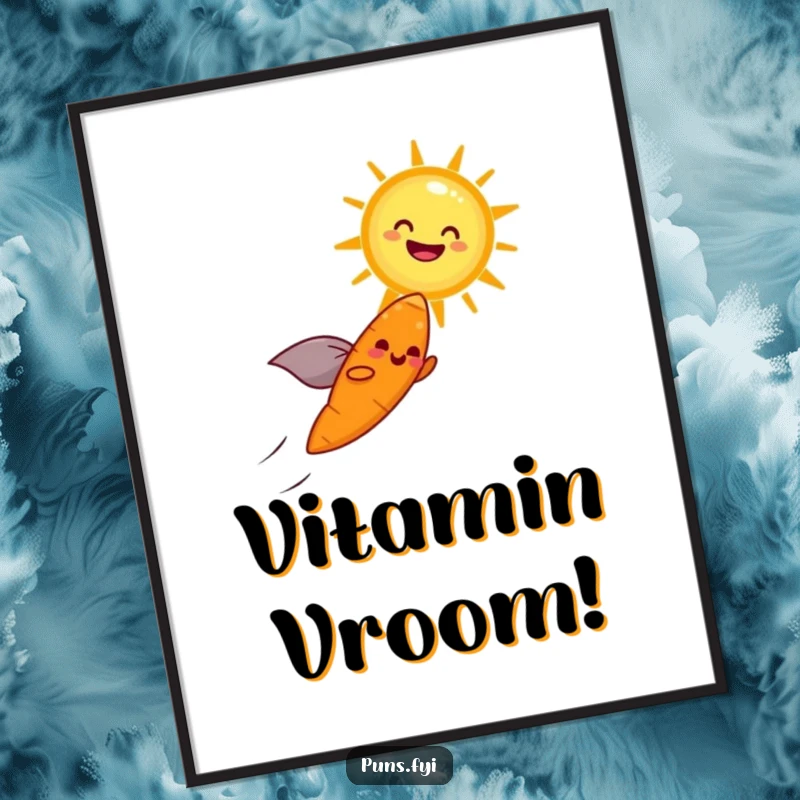 Funny digital art print of a cheerful carrot with a cape flying towards a laughing sun, symbolizing joy and humor.