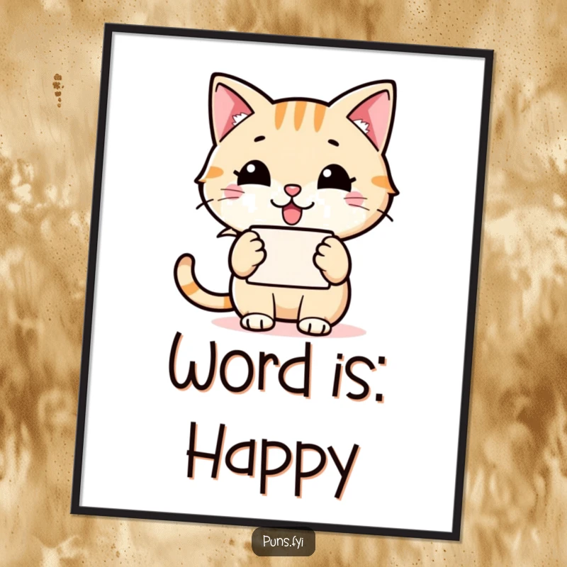 Funny cat speech bubble digital art print of a happy cat holding a speech bubble with a grinning word icon, ideal for cheerful display.