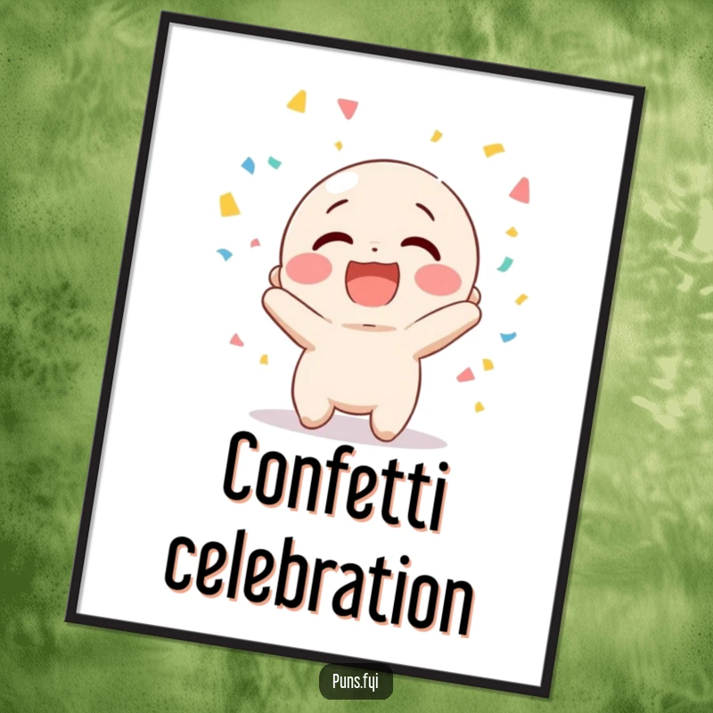 Funny digital art print of a happy character giggling while enthusiastically tossing colorful confetti into the air.