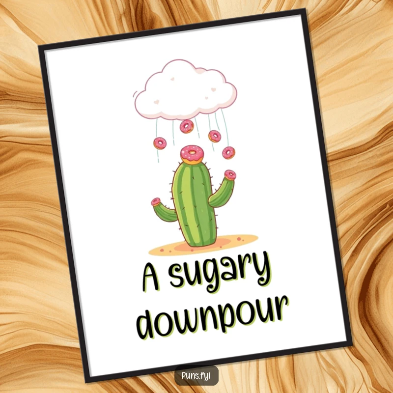 Funny digital art print of a cloud raining tiny donuts onto a very surprised cactus, adding a touch of sweet humor.