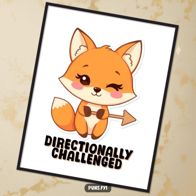 Funny digital art print of a winking fox character holding a crossed-out arrow, symbolizing playful rejection and clever style instantly.