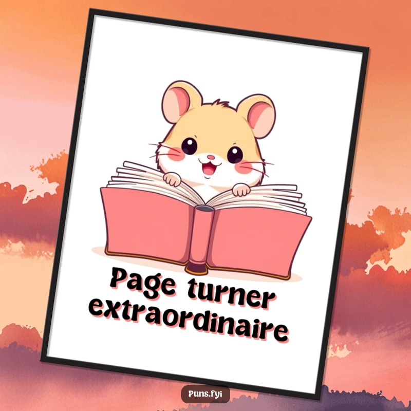 Funny digital art print of a happy hamster peeking from behind a giant open book, bringing literary charm and humor.