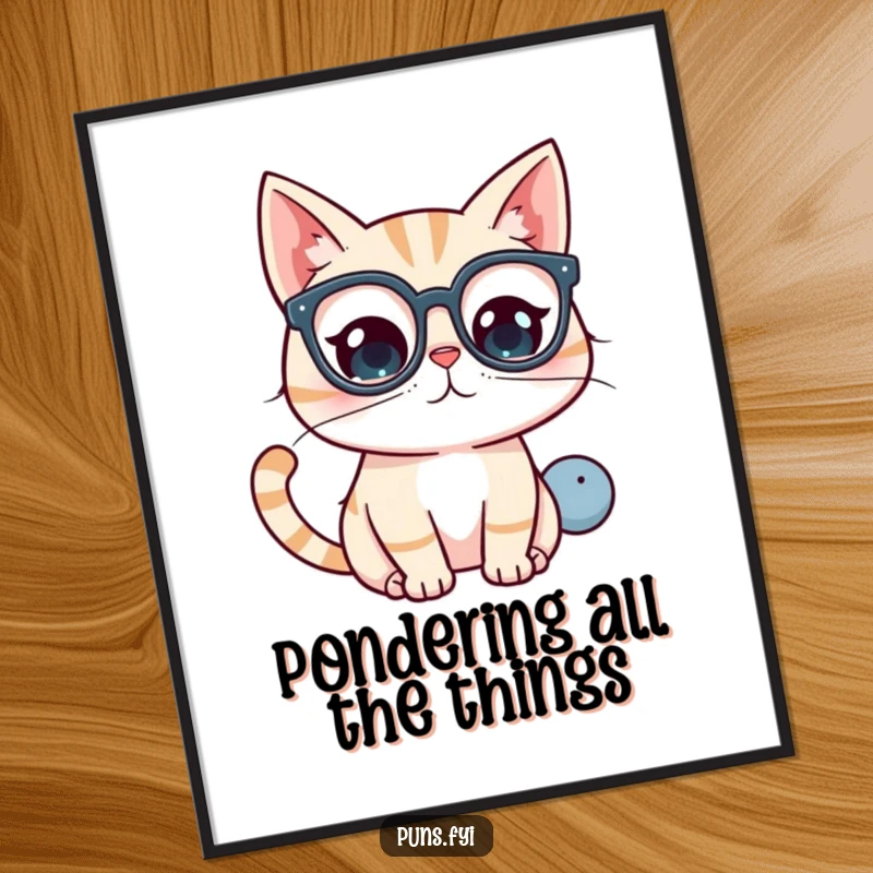 Funny kawaii cat wearing glasses, pondering a giant question mark, a curious digital art print.