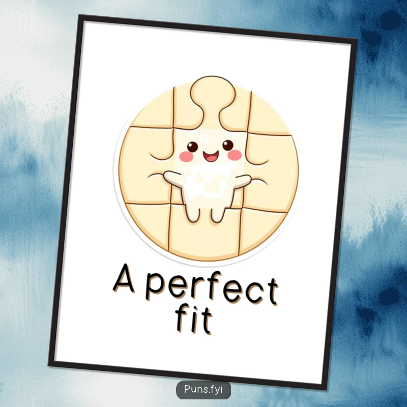 Funny digital art print of a smiling puzzle piece character fitting perfectly into a larger surrounding shape, symbolizing connection and harmony.