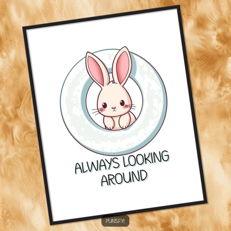Funny rabbit digital art print featuring a curious rabbit peeking from a giant spinning letter, ideal for whimsical and playful wall decor.