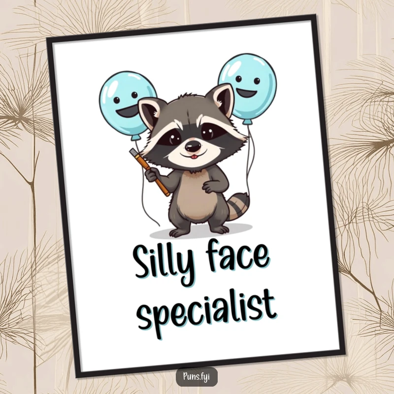 Funny digital art print of a determined raccoon painting silly faces on balloons, full of festive energy and humor.