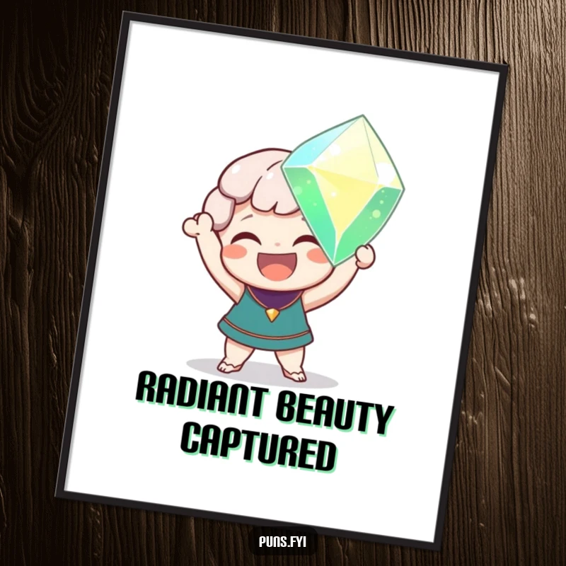 Funny digital art print of a delighted character holding a giant, sparkling gem, exuding pure joy and celebration.