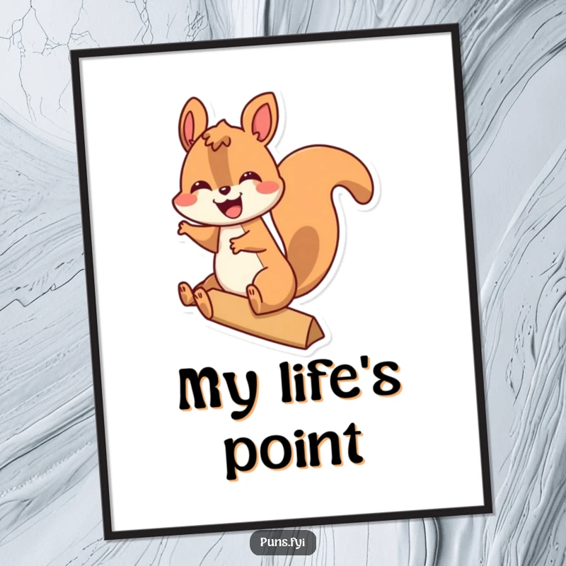 Funny digital art print of a joyful squirrel riding a giant exclamation point, adding instant energy and humor.