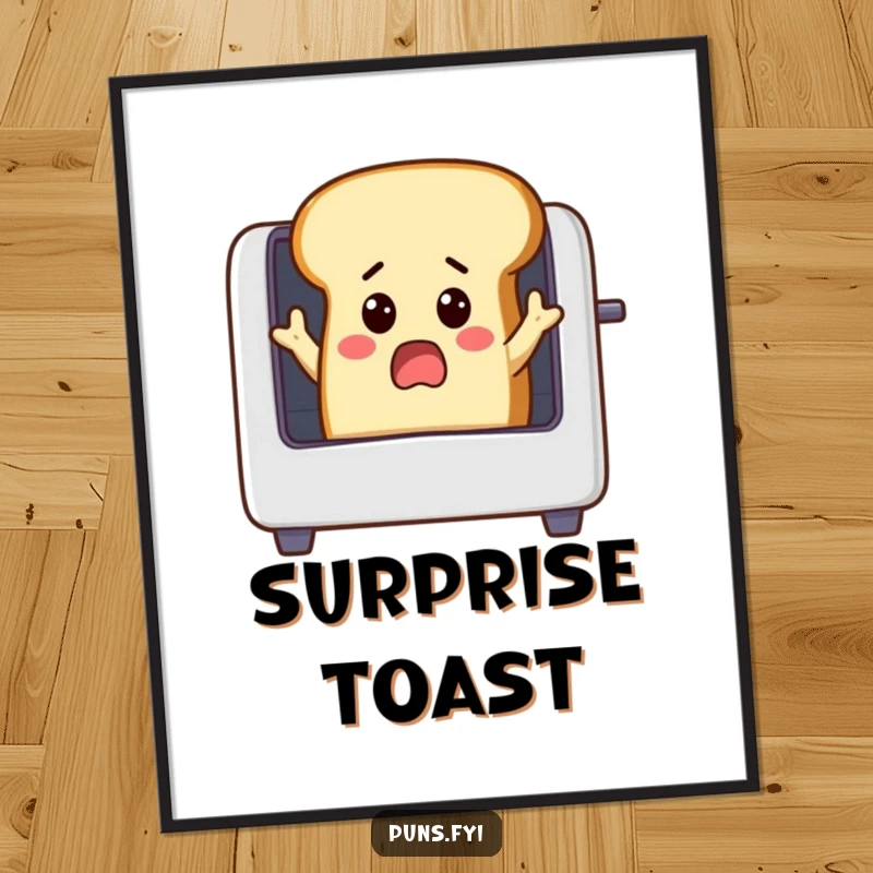 Funny surprised loaf of bread with small arms reaching into a toaster, printable digital art, offering instant humorous decor.
