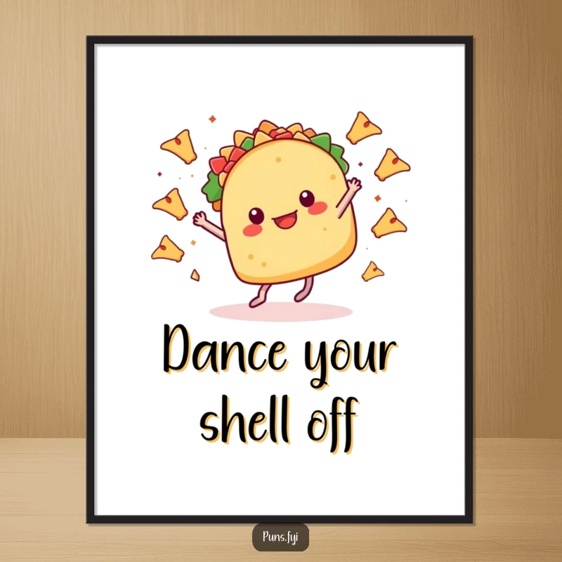 Funny digital art print of a taco dancing with tiny legs, surrounded by flying nachos, bringing fiesta energy to your walls.