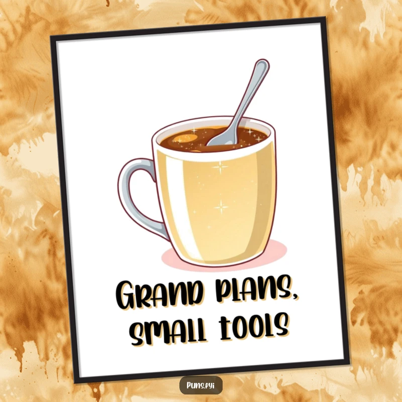 Funny digital art print of a tiny spoon attempting to stir a massive coffee mug with sparkling liquid, symbolizing effort and humor.