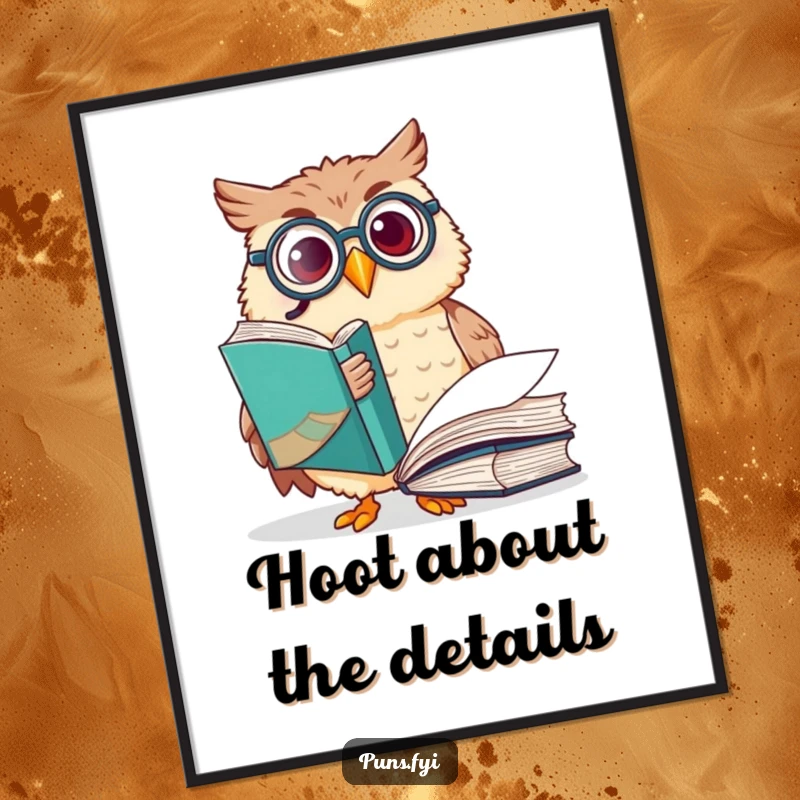 Funny owl digital art print of a happy owl with a monocle, pointing at a large book, bringing instant scholarly humor and wit.