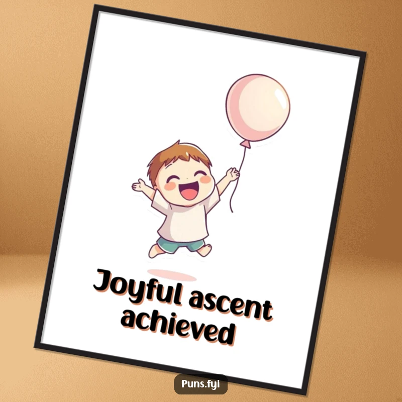 Funny Digital Art Print of a smiling character jumping for joy, reaching for a floating balloon, creating a happy and uplifting atmosphere.
