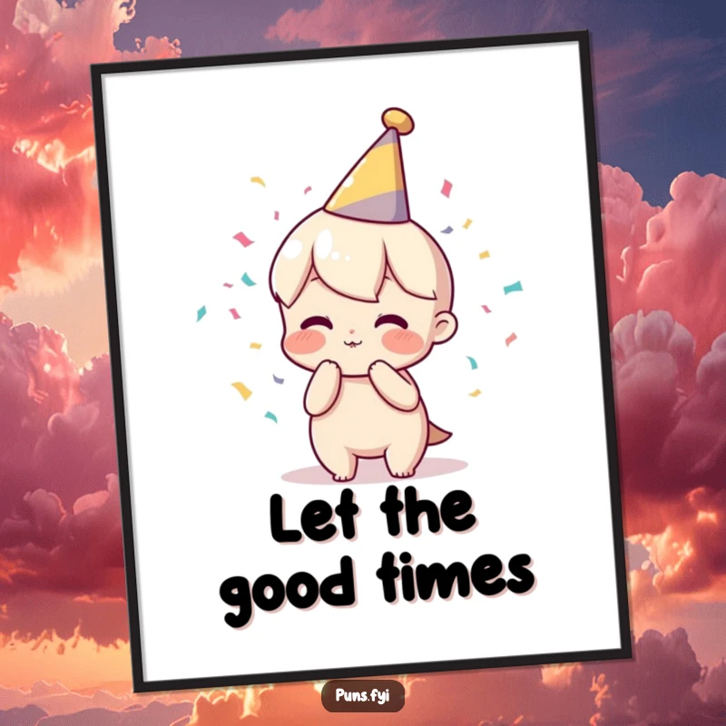 Funny digital art print of a character in a party hat blowing confetti, bringing instant celebration and humor to any room.