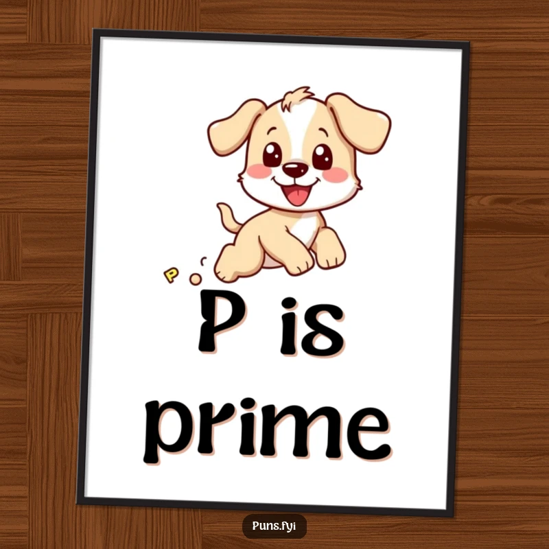 Funny digital art print of a happy puppy character gleefully chasing a bouncy letter P, full of playful energy.