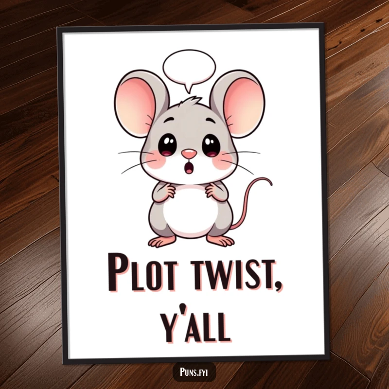 Funny digital art print of a shocked kawaii mouse with a speech bubble, perfect for humorous and cute wall decoration.