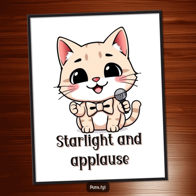 Funny cat digital art print of a smiling cat wearing a bowtie and holding a tiny microphone, stylish and humorous decor.