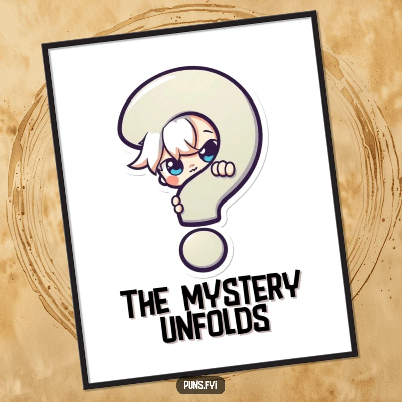 Funny Digital Art: A high-resolution print of a mischievous character playfully peeking from behind a large, colorful question mark for intriguing decor.