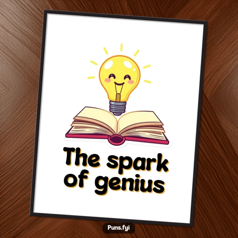 Funny lightbulb digital art print of a smiley face lightbulb popping out of a book, bringing instant creative humor and bright ideas.