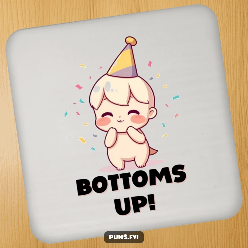 Funny coaster featuring a character in a party hat blowing confetti, protecting surfaces with celebratory humor.