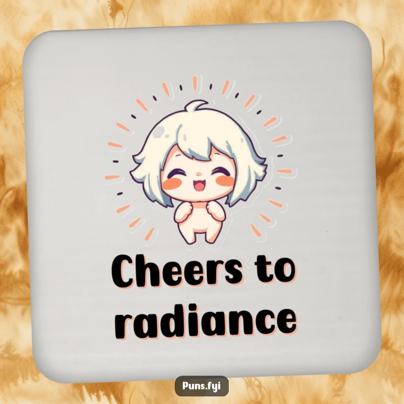 Funny drink coaster featuring a character radiating lines of joy, perfect for adding cheer to any table setting.