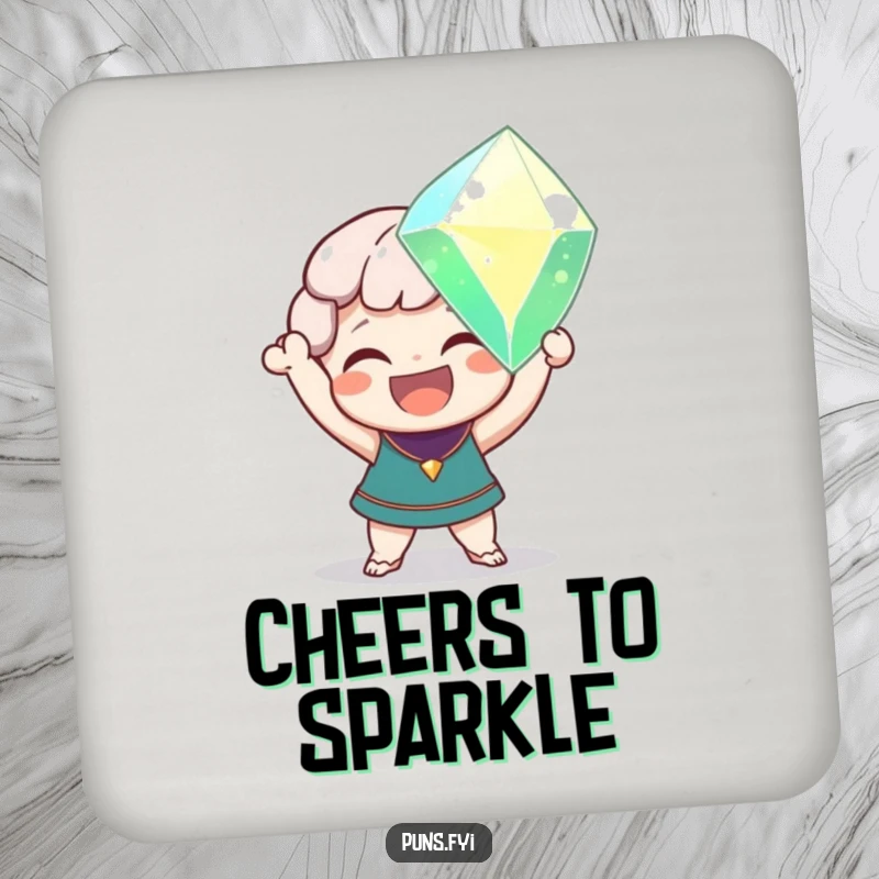 Funny drink coasters with a delighted character holding a sparkling gem, protecting surfaces with gleeful charm.