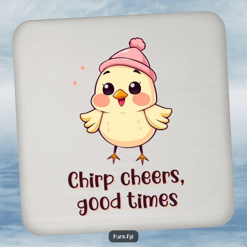 Funny drink coaster featuring a happy bird in a hat, chirping loudly, perfect for adding cheerful protection to your surfaces.