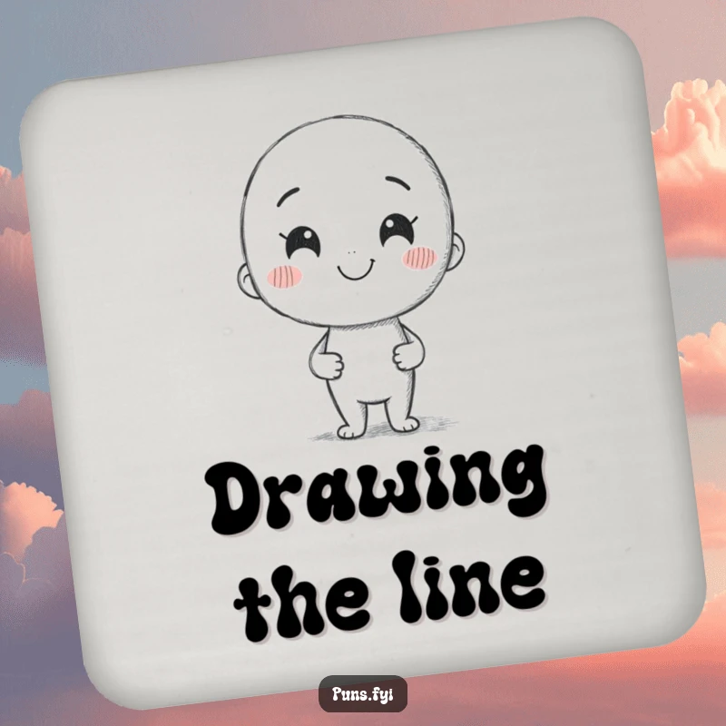 Funny drink coaster showing a smiling pencil character drawing a crooked line, protecting surfaces with artistic humor.