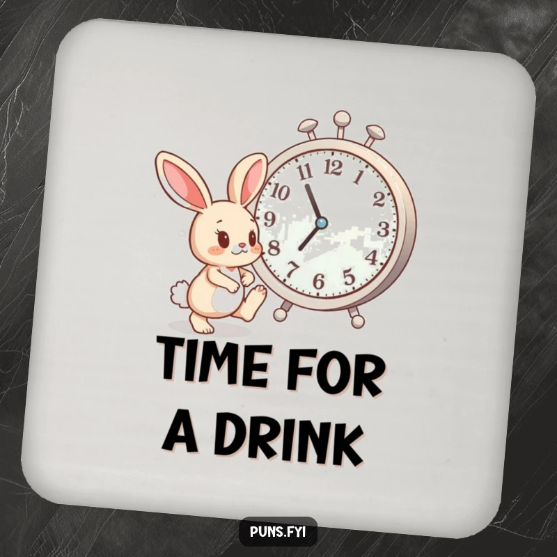Funny coaster featuring an impatient bunny tapping its foot beside a large clock, adding humorous decor to any surface.