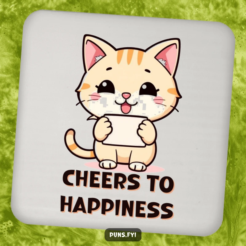Funny cat speech bubble drink coaster featuring a happy cat holding a speech bubble with a grinning word icon, perfect for cheerful surface protection.