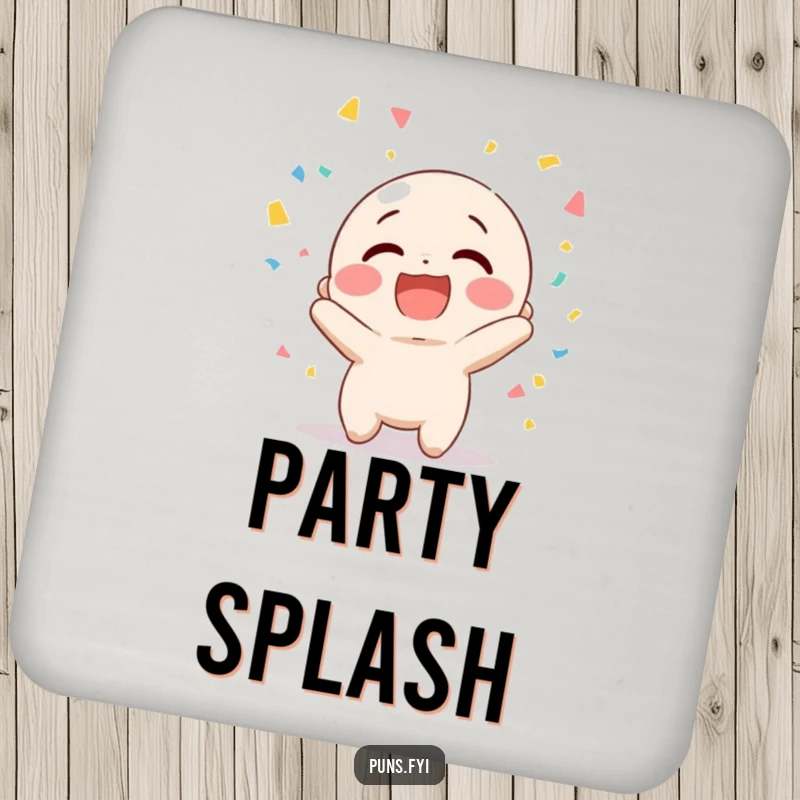 Funny drink coaster featuring a happy character giggling while tossing confetti, adding humor and protection.