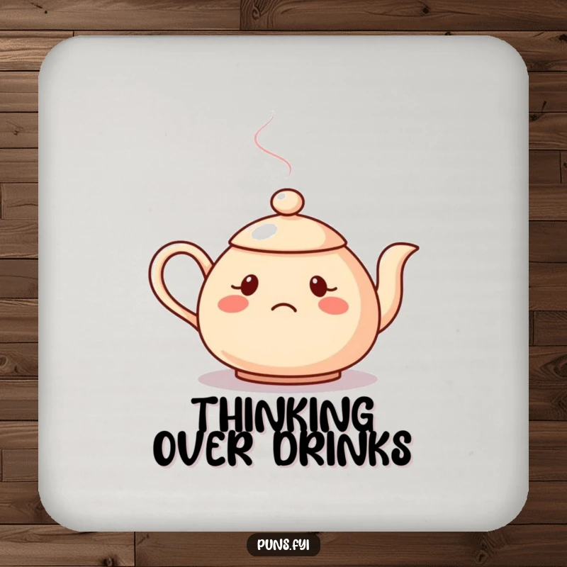 Funny drink coaster featuring a confused teapot with a question mark spout, adding puzzling charm to your surfaces.